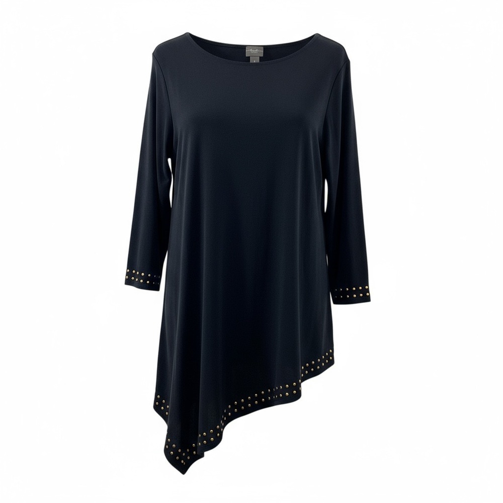 Chico’s TRAVELERS 1 M (8-10) Gold Studs Detail Navy Blue Asymmetrical Top Blouse